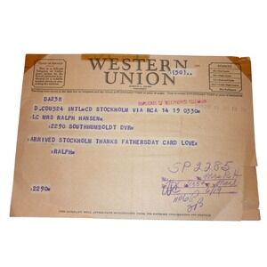 Vintage 1949 Western Union Telegram Stockholm to Denver Fathers Day Ephemera
